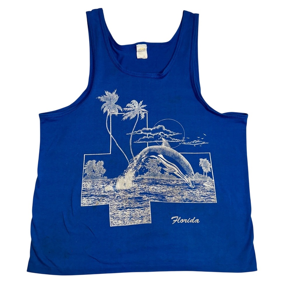 VTG Genesis Florida Dolphin Tank Top Mens L Blue Cotton Blend Graphic‎ Souvenir